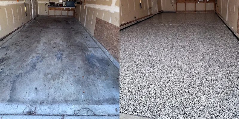 Flake floor installed in a garage, before and after